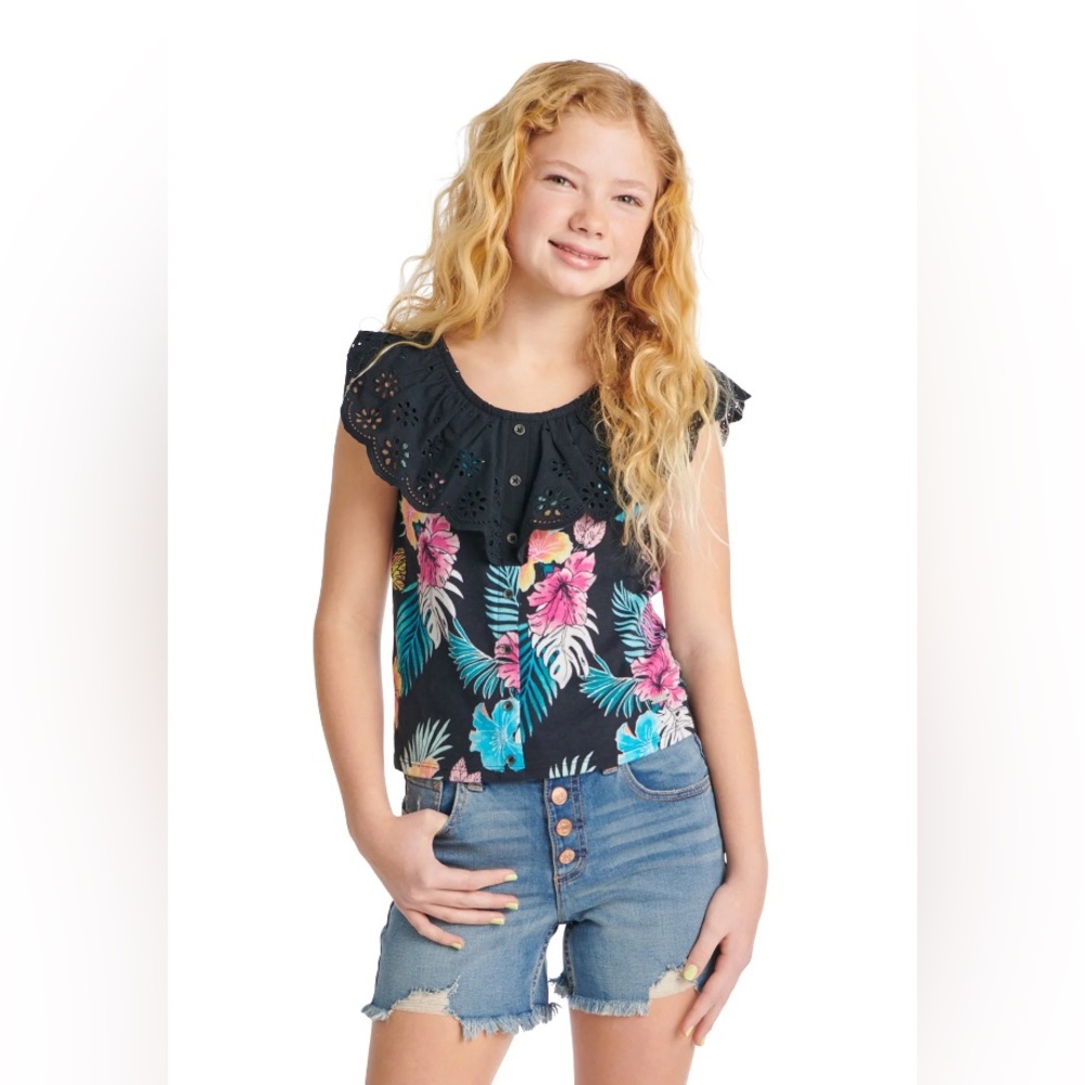 Justice Black and Pink Ruffled Blouse with Lace Neckline